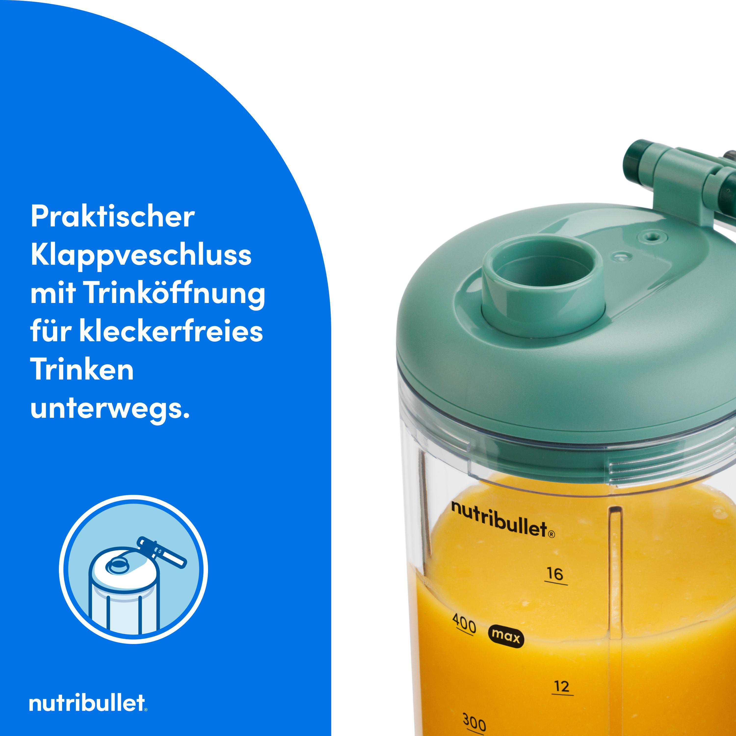 Ein Nutribullet-Mixer mit orangefarbener Flüssigkeit. Er hat einen grünen Deckel und einen blauen Hintergrund mit Text.
