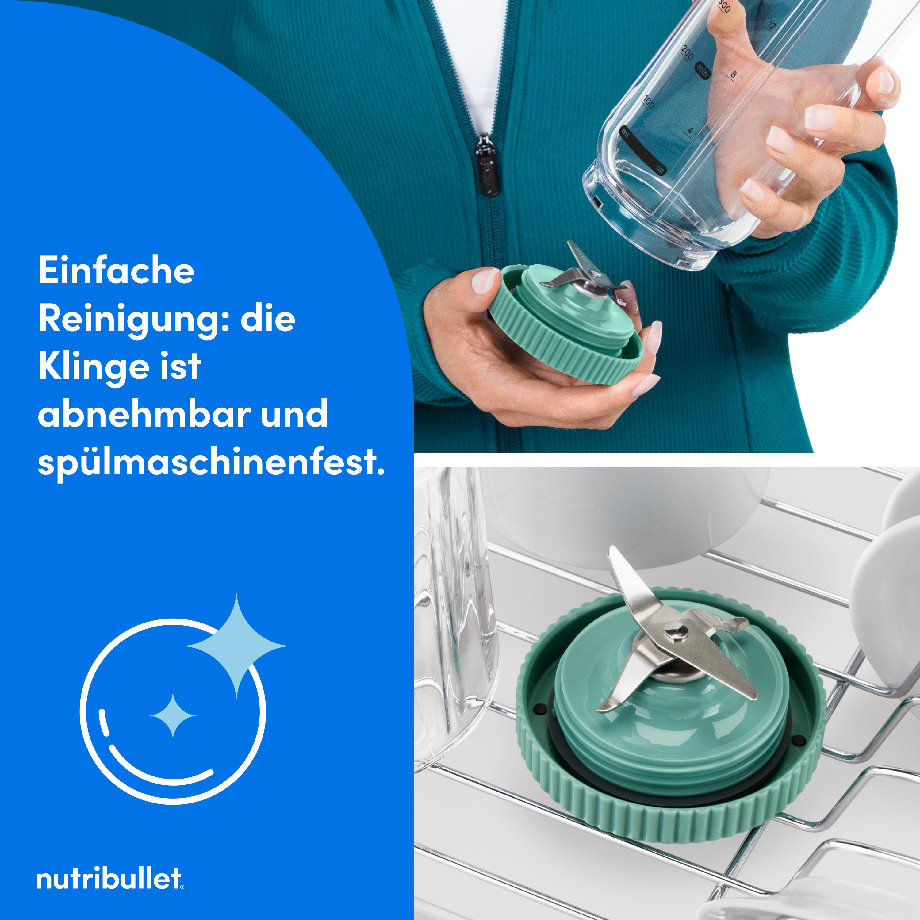 Eine Person hält eine Klingen- und Behälter. Der Text besagt, dass die Klinge abnehmbar und spülmaschinenfest ist.