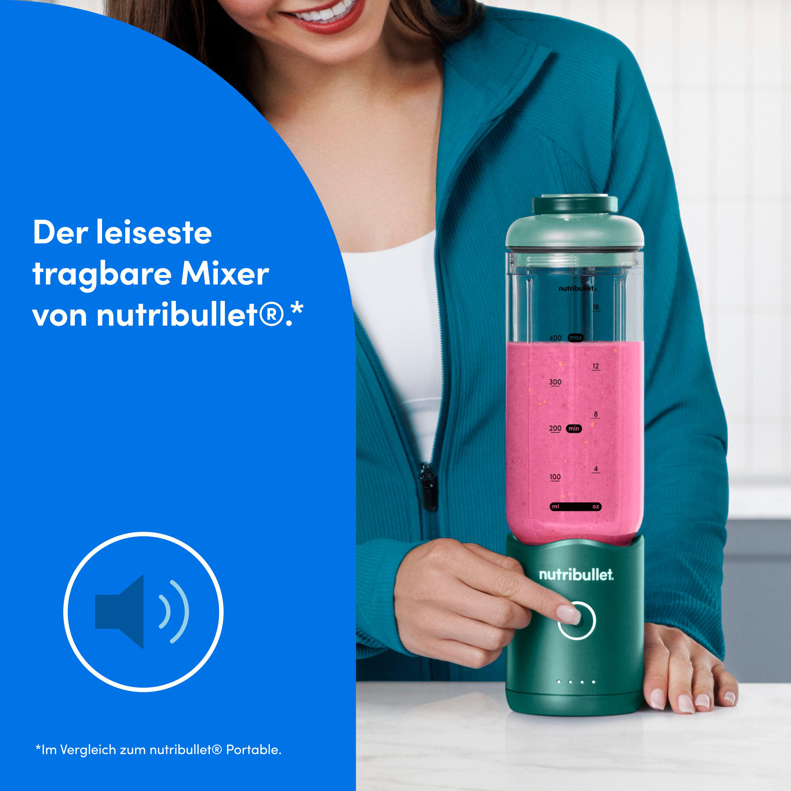 Eine Person hält einen grünen Nutribullet-Mixer mit rosa Flüssigkeit. Der Text sagt, es sei der leiseste tragbare Mixer.