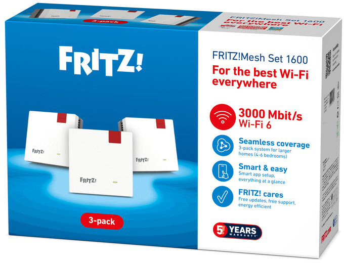Boîte du FRITZ!Mesh Set 1600. Contient trois appareils blancs, des accents rouges et des détails du produit. Offre Wi-Fi 6 et 3000 Mbit/s.