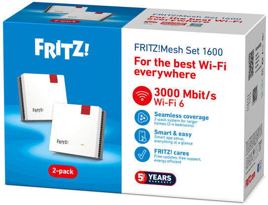 Boîte FRITZ!Mesh Set 1600. Deux appareils mesh blancs avec détails rouges. Texte indique Wi-Fi 6, 3000 Mbit/s.