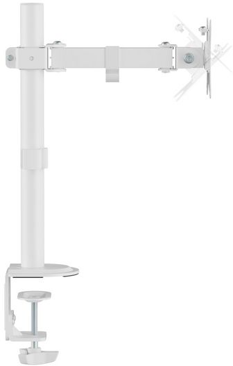 Un bras de moniteur blanc. Il possède un poteau vertical et un bras horizontal réglable avec support d'écran.