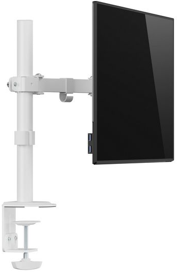 Un bras de moniteur blanc supporte un moniteur noir. Le bras est monté sur une pince blanche.