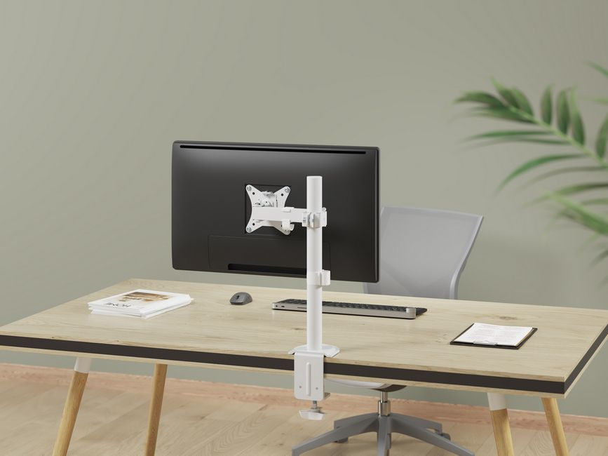 Moniteur sur bureau avec support blanc, souris, clavier, documents. Mur vert et plante en arrière-plan. Cadre de bureau.