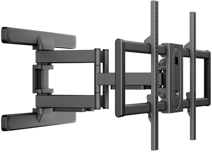 Un support mural TV noir articulé. Il comporte plusieurs articulations et bras pour ajuster la position et l'angle du téléviseur.