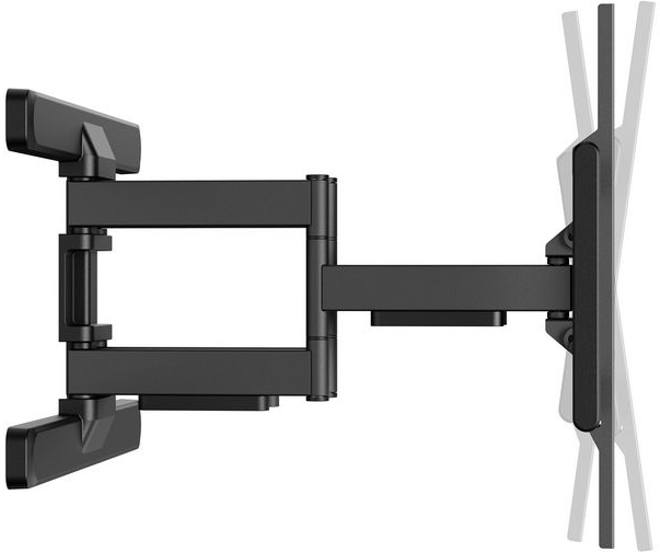Support mural TV noir articulé, étendu horizontalement. Conçu pour fixer un téléviseur à écran plat et permettre des ajustements.