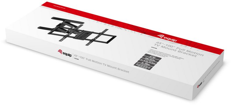 Une boîte blanche avec un support TV à l'intérieur. La boîte a des accents rouges et le texte 'equip' et '43"-100" Full Motion TV Mount Bracket'.