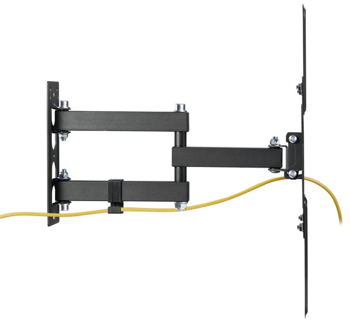 Un support mural TV noir articulé avec un câble jaune. Le support est composé de plusieurs bras et articulations, reliés par des boulons.