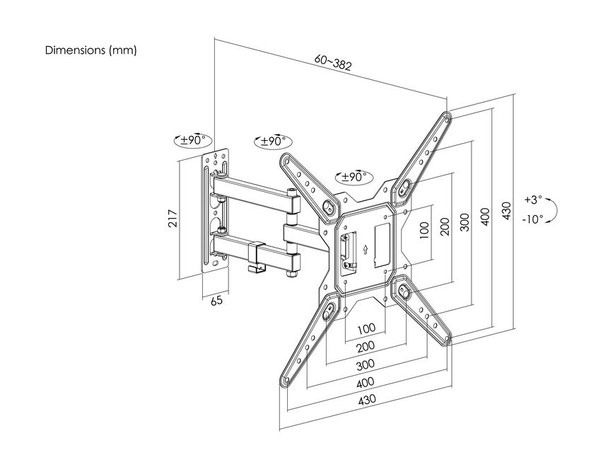 Diagramme d'un support mural avec dimensions en millimètres. Il montre un support, des bras et une plaque de montage avec mesures.