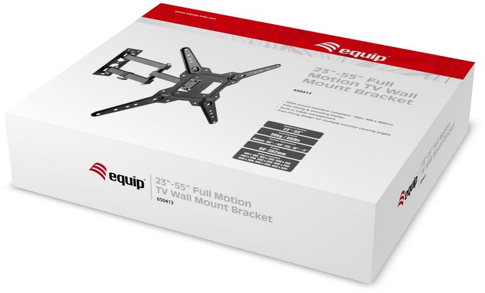 Une boîte blanche avec un support mural de télévision noir. Le texte sur la boîte indique : Equip 23"-55" Full Motion TV Wall Mount Bracket.
