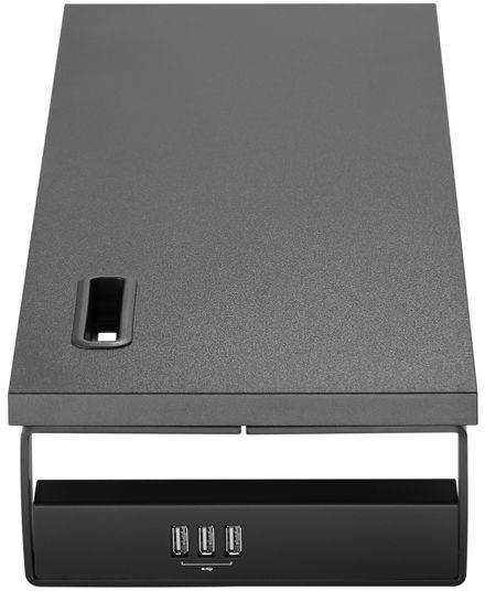 Un bureau noir avec une surface supérieure et une section inférieure avec ports USB. Le bureau est rectangulaire avec une poignée sur le dessus.
