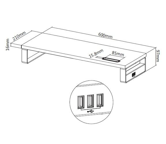 Diagramme d'un support de bureau en bois avec dimensions. Il comprend un gros plan sur les ports USB et un passe-câble.