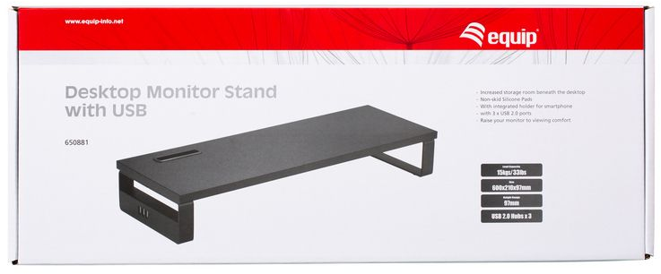 Un support de moniteur de bureau noir avec ports USB est affiché sur fond blanc. Le texte décrit ses caractéristiques.