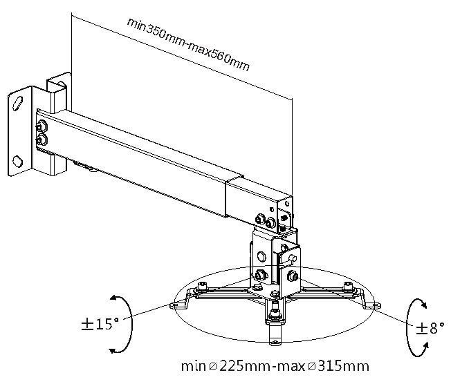 Diagramm einer Projektorhalterung mit Maßen: min 350mm-max 560mm, min 225mm-max 315mm, und Winkeleinstellungen von ±15° und ±8°.