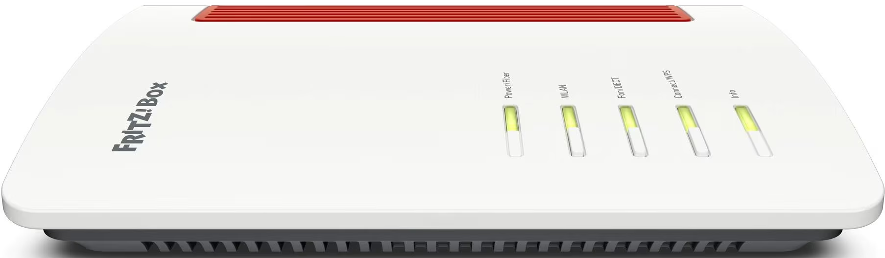 Un routeur FRITZ!Box blanc avec un dessus rouge. Il a des voyants pour l'alimentation, le WLAN et d'autres fonctions.