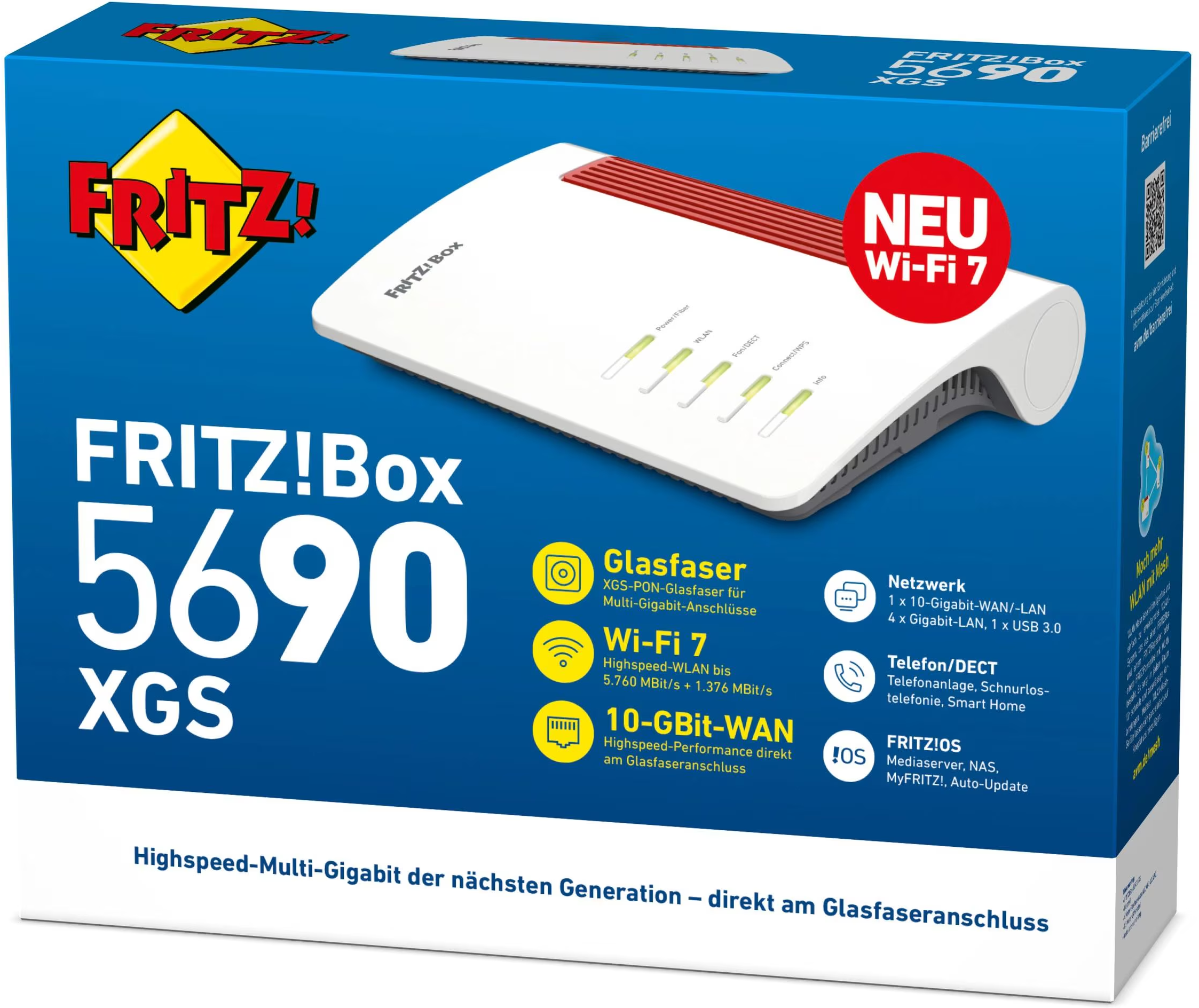Une boîte bleue avec un routeur blanc. Il a des accents rouges et dit FRITZ!Box 5690 XGS avec Wi-Fi 7.