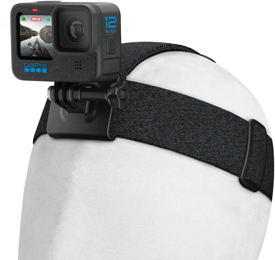 GoPro-Kamera an einem Kopfband befestigt. Die Kamera zeigt eine Kajakszene. Das Setup ist auf einem weißen Kopf, schwarzes Band.