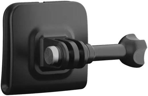 Schwarze Kamerahalterung mit quadratischer Basis, verstellbarem Arm und Knopf. Die Basis hat einen Befestigungspunkt.