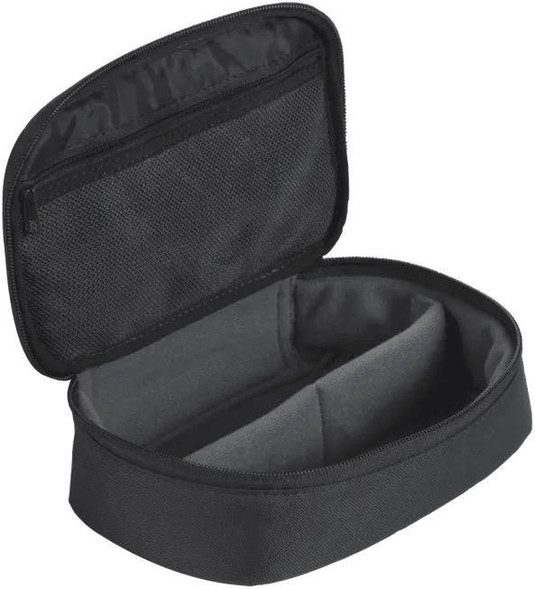 Geöffnete schwarze, ovale Tasche mit Reißverschlussfach oben und zwei Innenfächern. Der Innenraum ist grau.