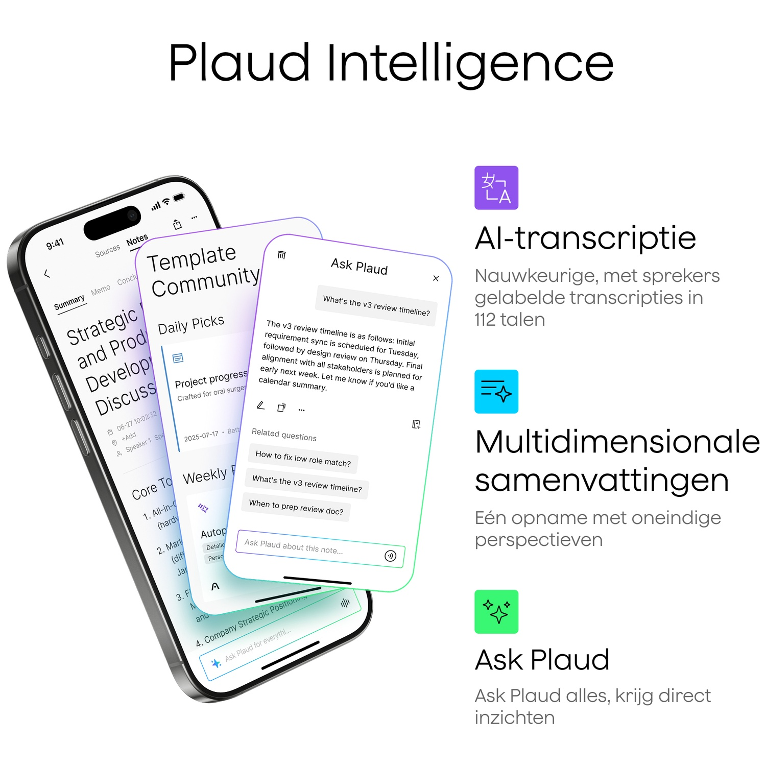Un téléphone affichant des notes et des interfaces d'application, avec du texte et des icônes, et les mots 'Plaud Intelligence'.