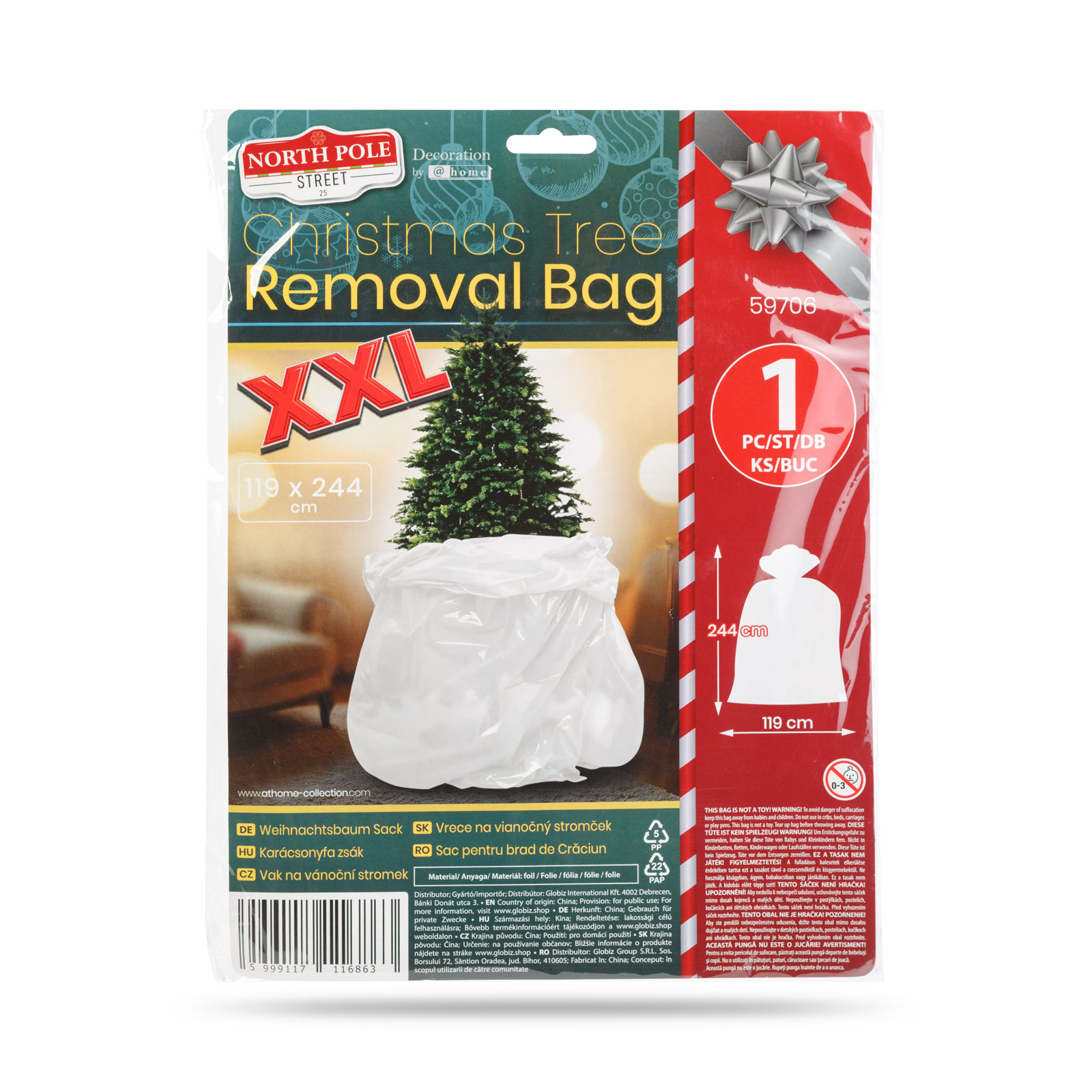 Karácsonyfák eltávolítására szolgáló zacskó a csomagoláson. Szöveg és egy fa képe látható.