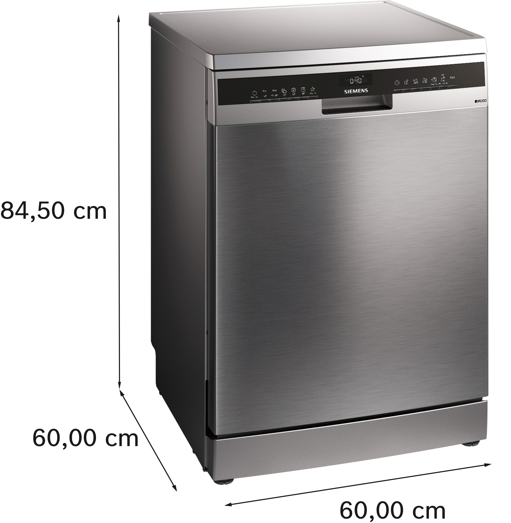 Een roestvrijstalen Siemens vaatwasser. Afmetingen: 84,50 cm hoog, 60,00 cm breed en diep.
