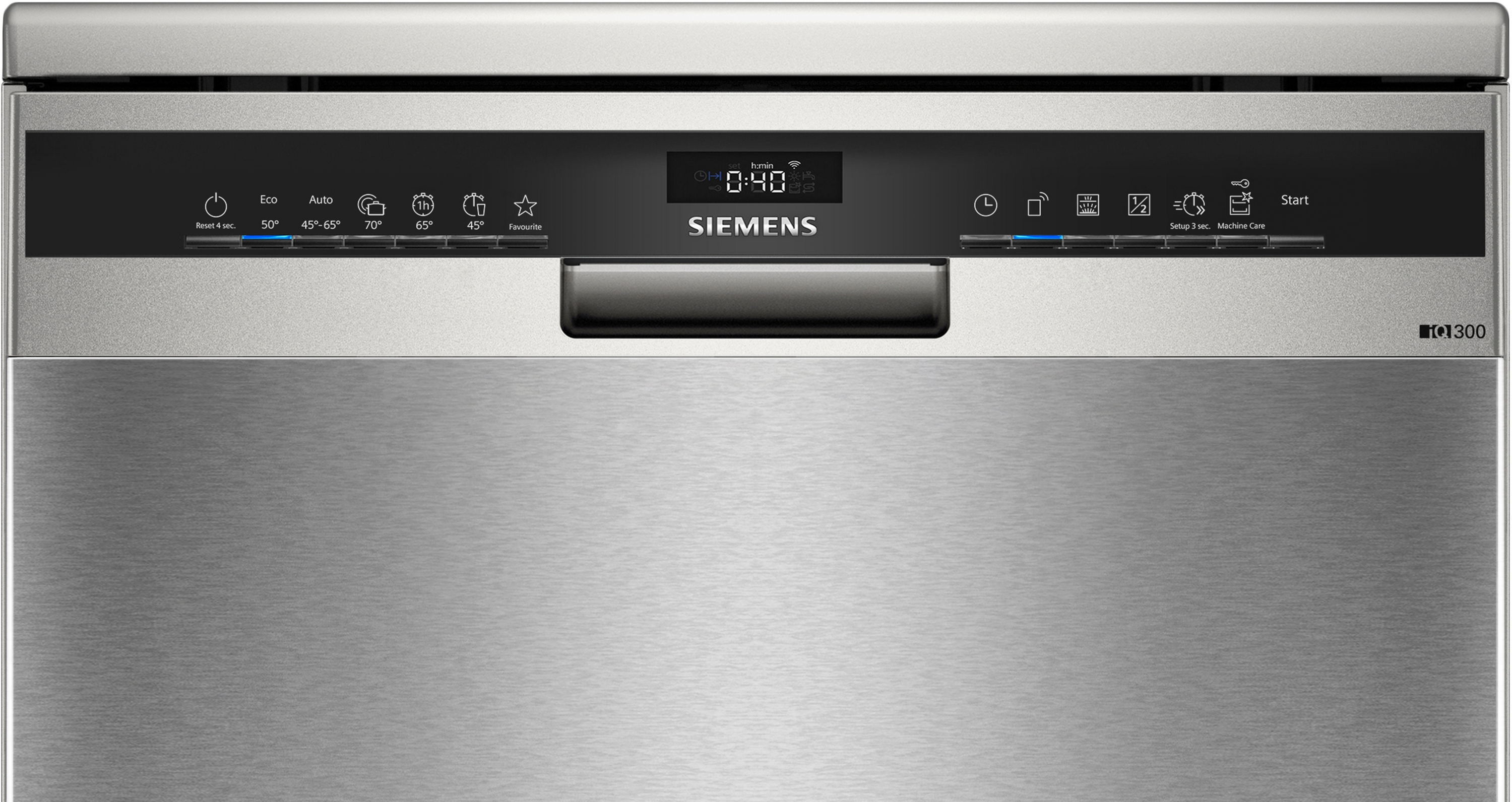 Zilveren Siemens vaatwasserpaneel met knoppen, display 0:40, instellingen zoals Eco, Auto en Start. IQ300 model.