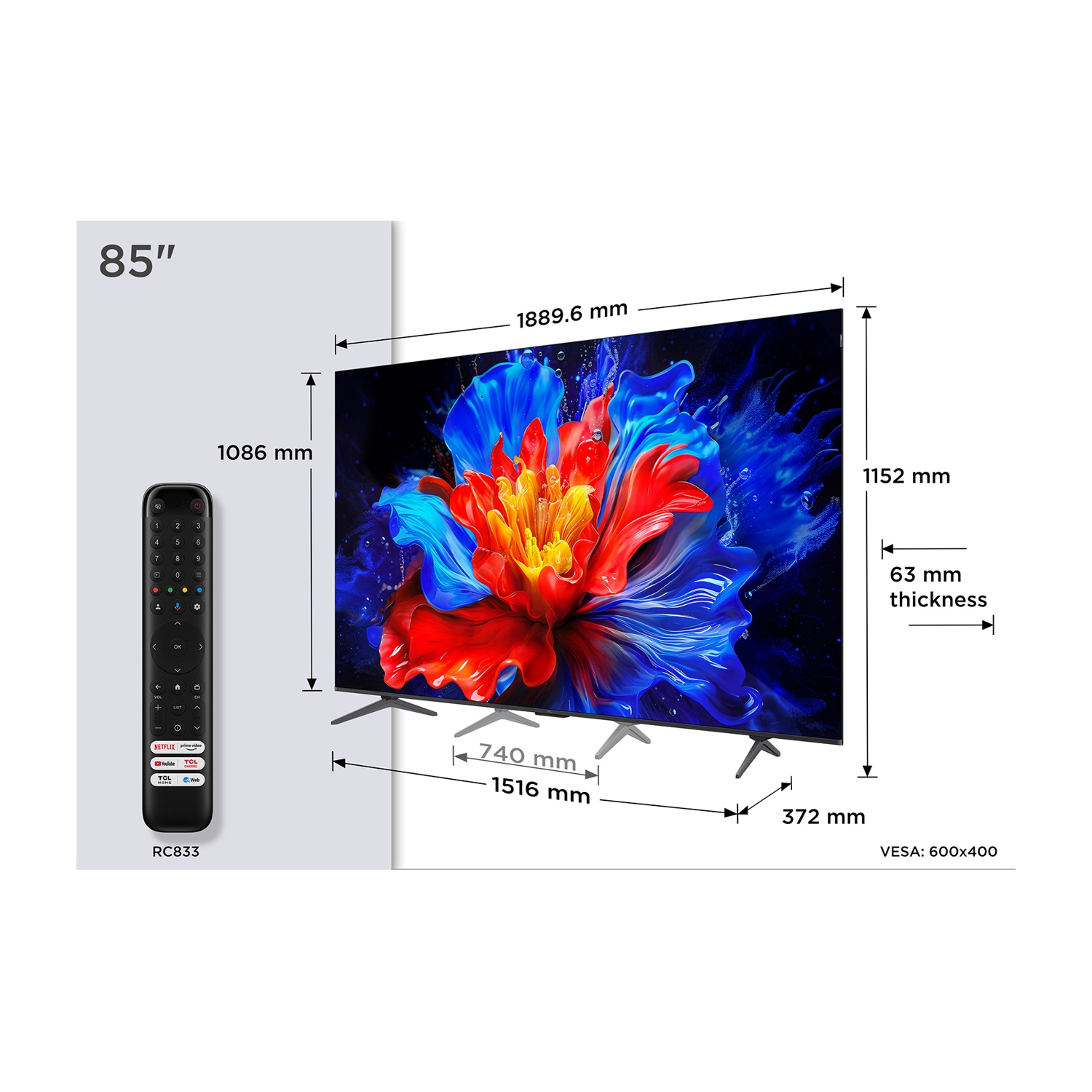 Una TV da 85 pollici con dimensioni. Telecomando a sinistra. La TV mostra un'immagine floreale colorata. Vengono fornite le misure.