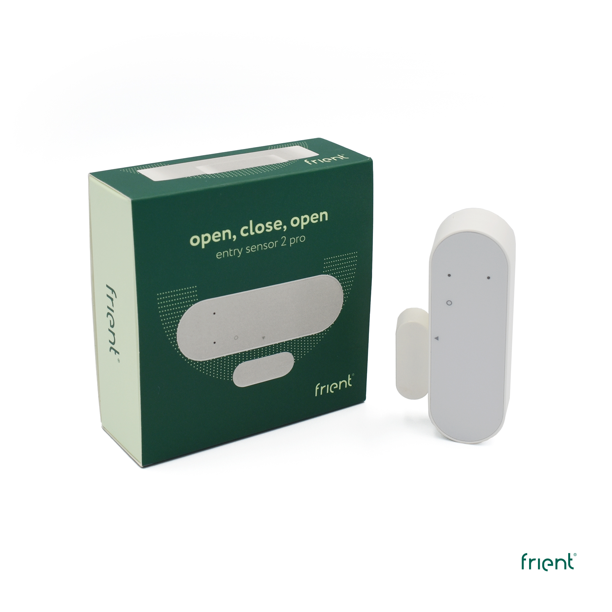 Ein weißer Eingangssensor und seine grüne Box stehen auf einer weißen Oberfläche. Auf der Box steht 'open, close, open' und 'frient'.