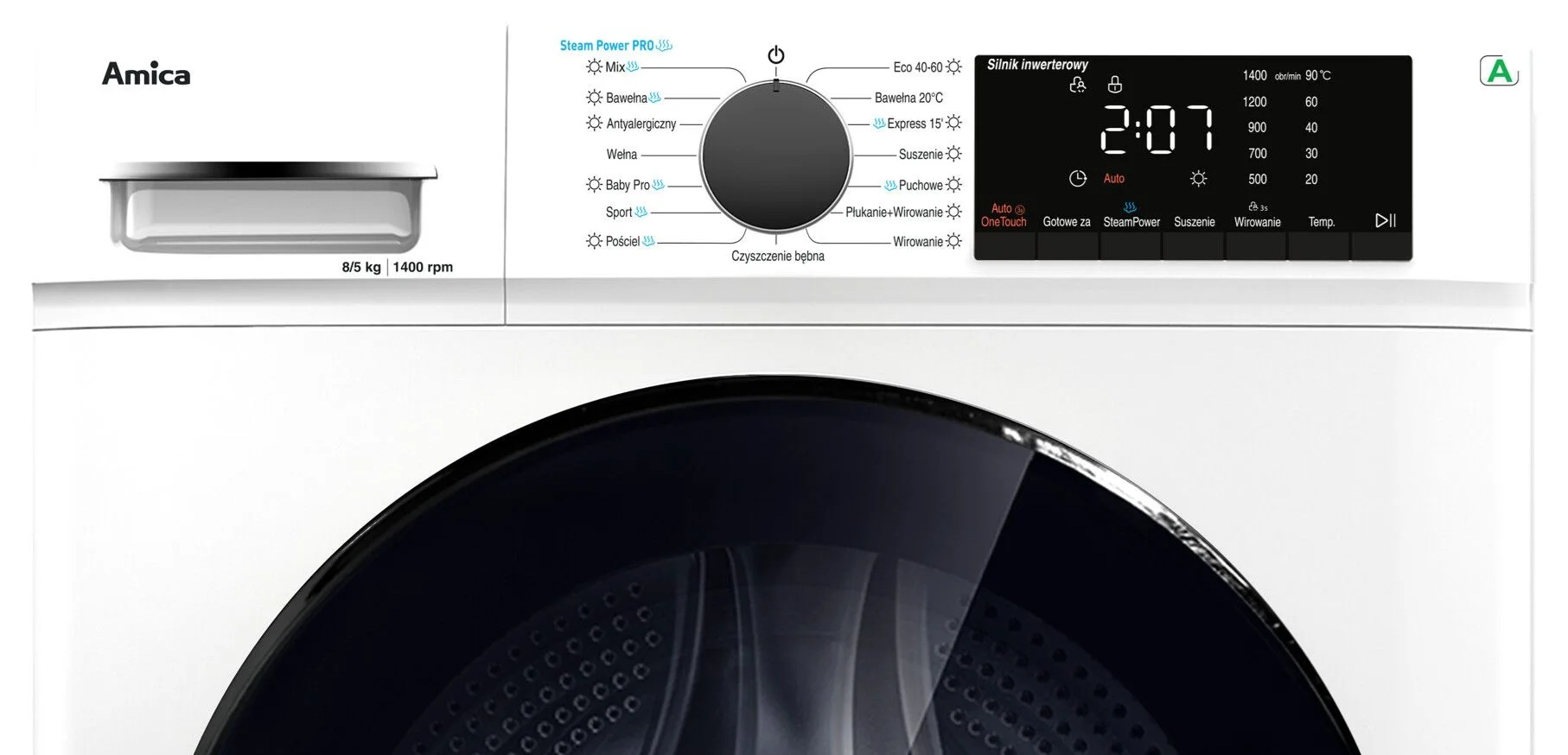Biała pralka Amica z panelem sterowania, wyświetlaczem cyfrowym i ciemnymi szklanymi drzwiami.