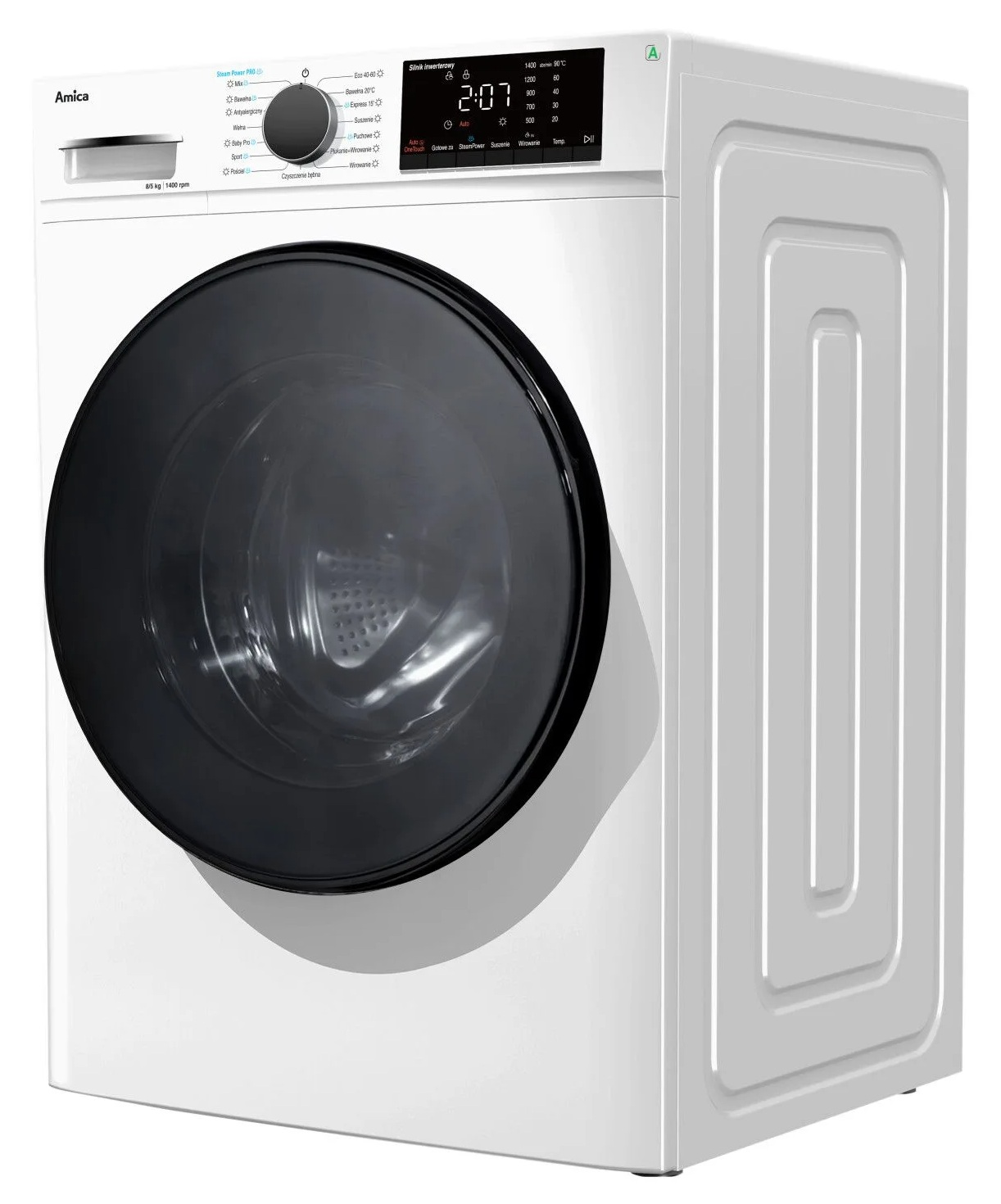 Biała pralka Amica. Ma czarne drzwi, cyfrowy wyświetlacz i różne opcje programów na panelu.