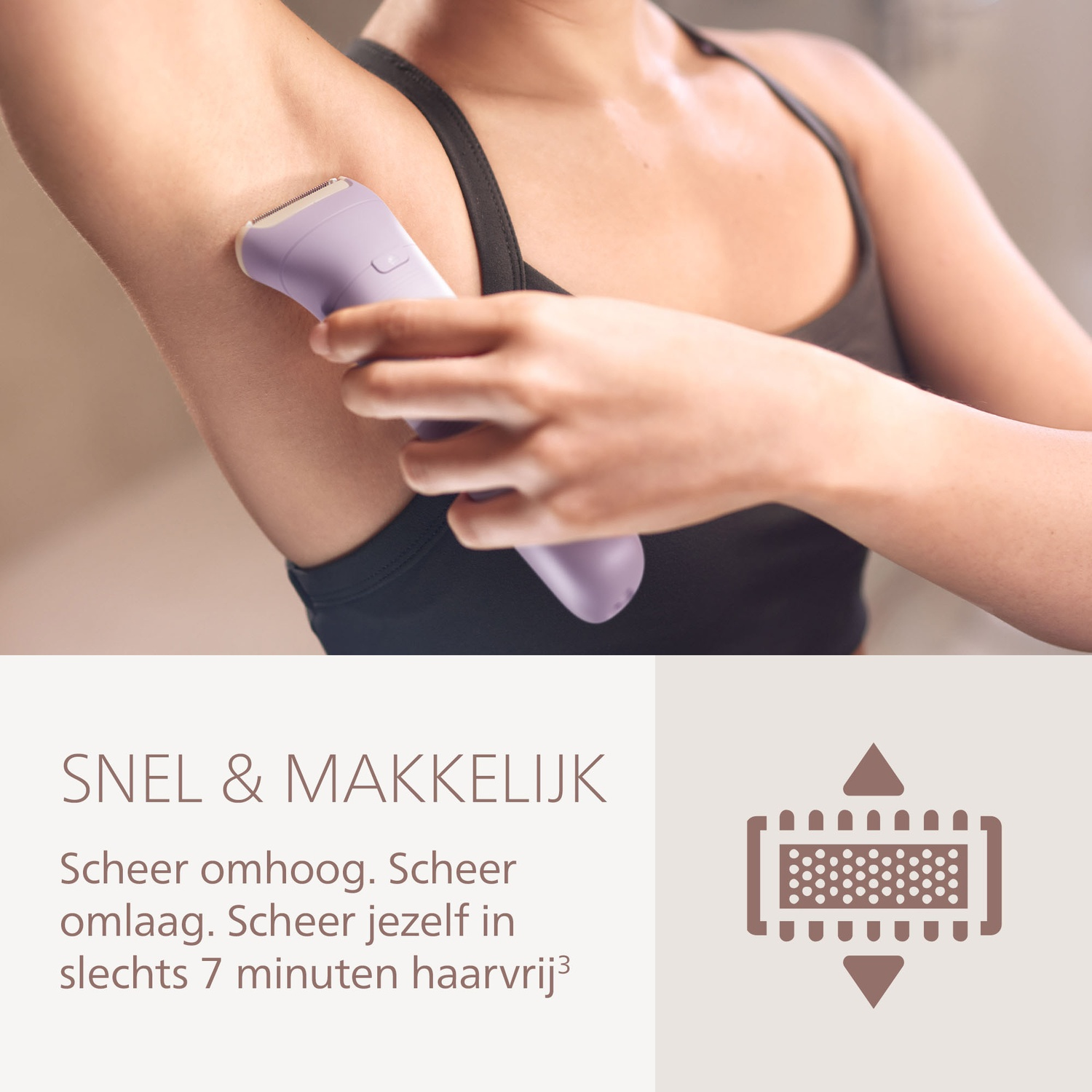A woman shaves her armpit with a purple electric shaver. She wears a black tank top. Text says 'Fast & Easy' and shaving instructions.