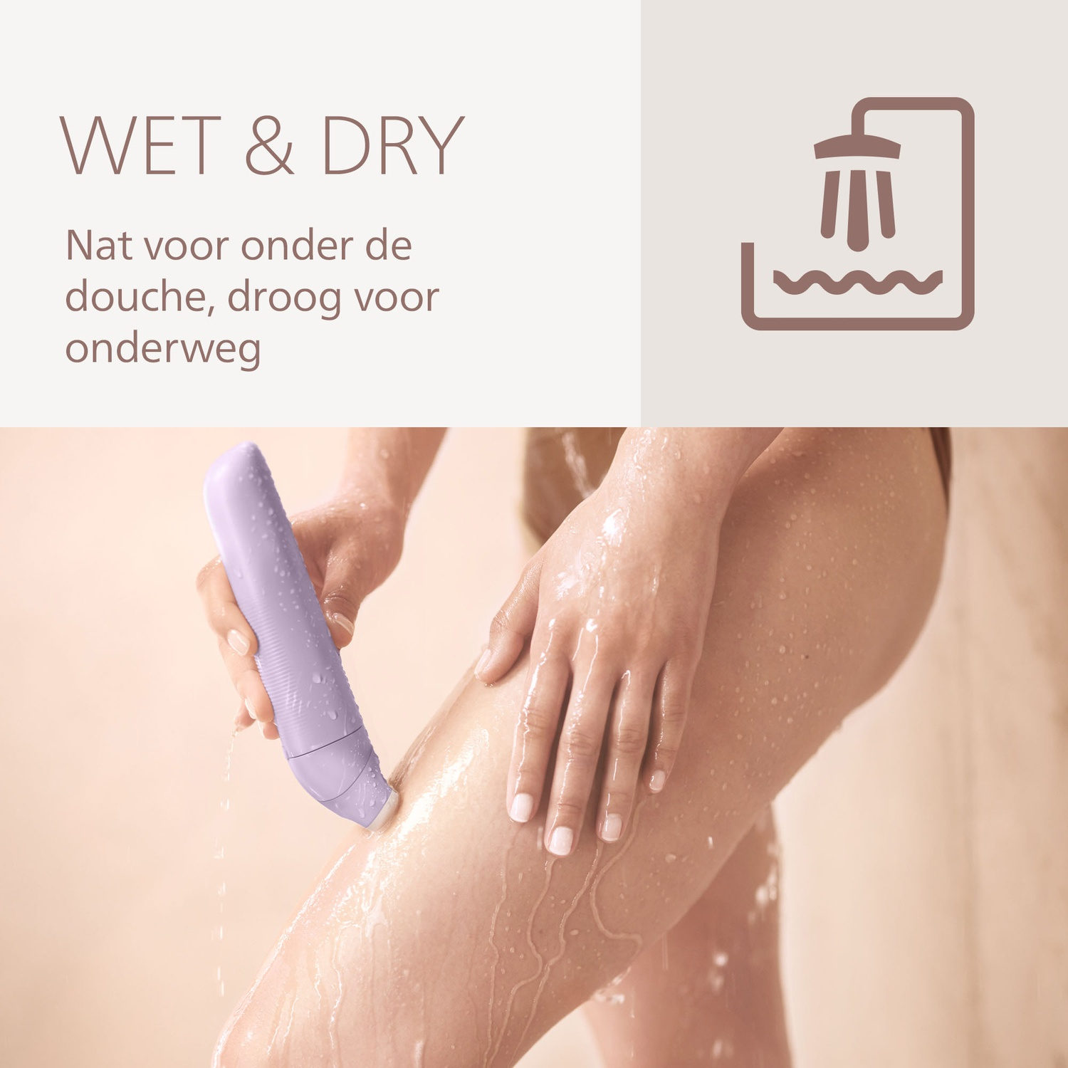 A person uses a purple grooming device on their wet leg. Water droplets are visible. Text reads 'WET & DRY'.