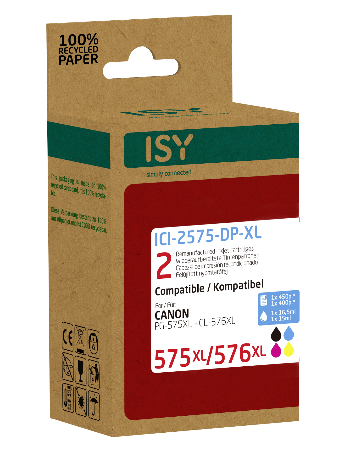 Kartonverpackung für ISY-Tintenpatronen. Sie enthält '100 % Recyclingpapier', Produktinformationen und Canon-Kompatibilitätsdetails.