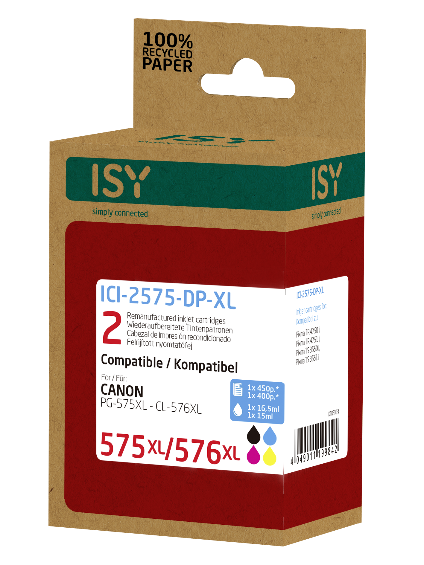 Tintenpatronenbox. Rote, braune und grüne Farben. Enthält den Text 'ISY', 'ICI-2575-DP-XL' und 'CANON PG-575XL - CL-576XL'.
