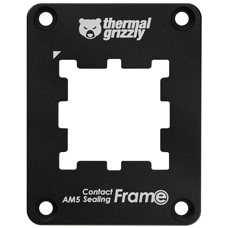 Schwarzer Metall-AM5-Dichtungsrahmen mit Löchern. Mit 'thermal grizzly' Logo und Text 'Contact Frame'.