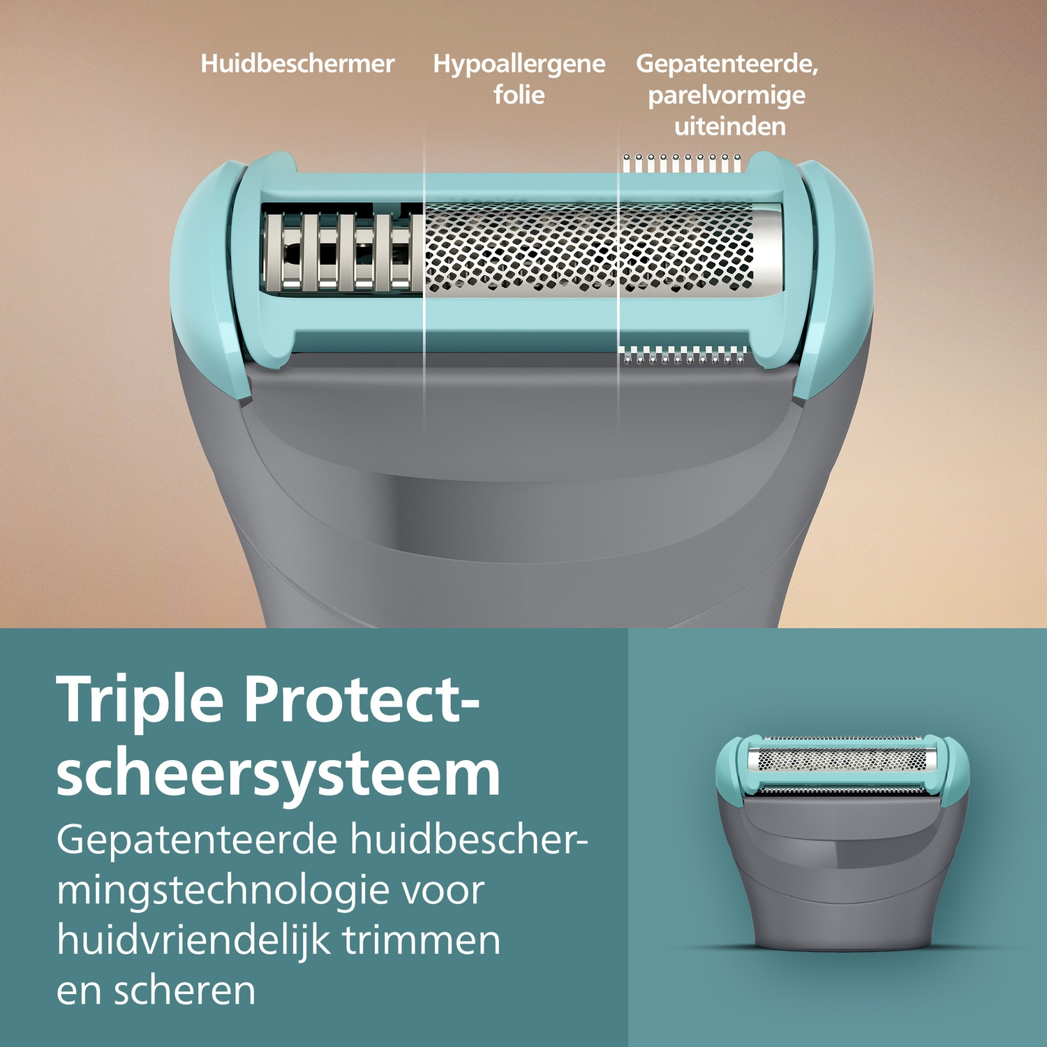 Close-up van een scheerkop met blauwe accenten, met mesjes en een gaasscherm. Tekst beschrijft het Triple Protect scheersysteem.
