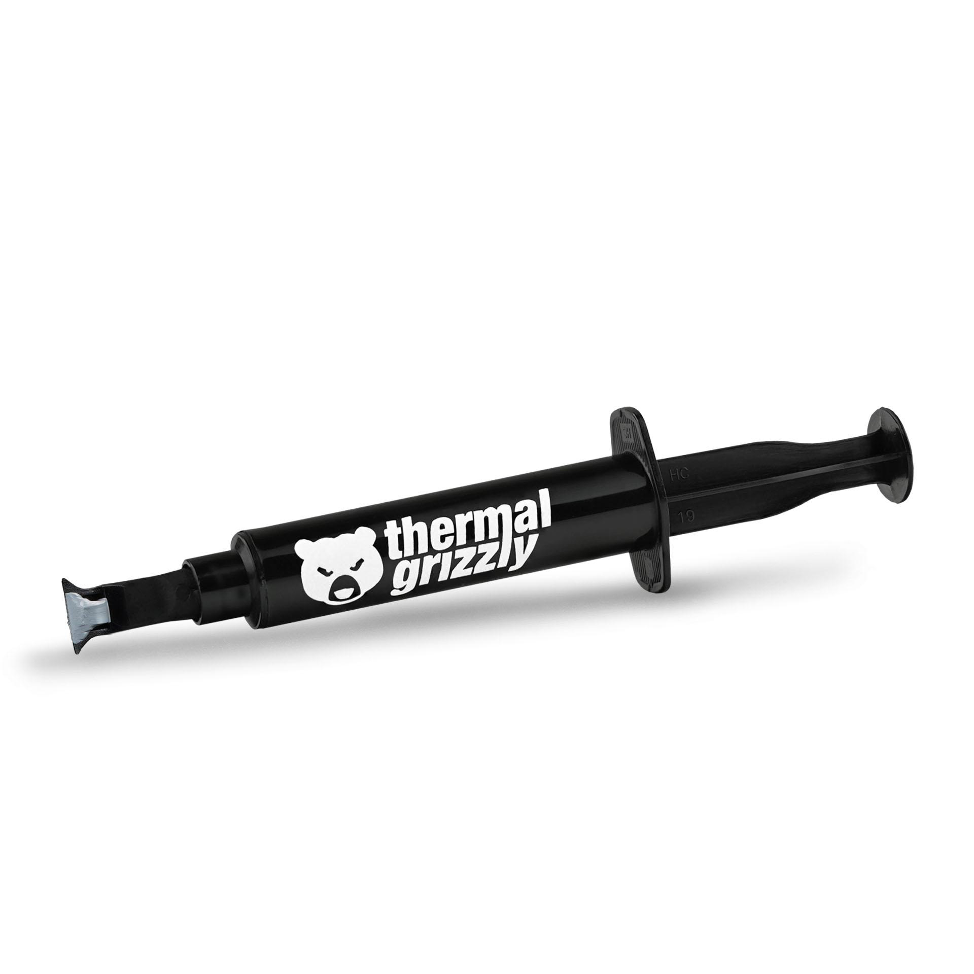 Schwarze Spritze mit Wärmeleitpaste, weißem Bärenlogo und Text 'thermal grizzly' auf weißem Hintergrund.
