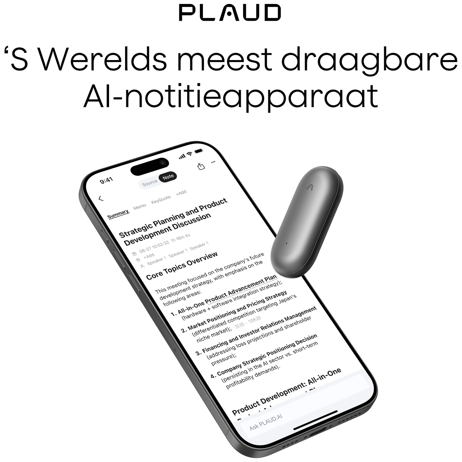 A phone displaying meeting notes, with a gray recorder floating above it. Text reads 'Strategic Planning'.