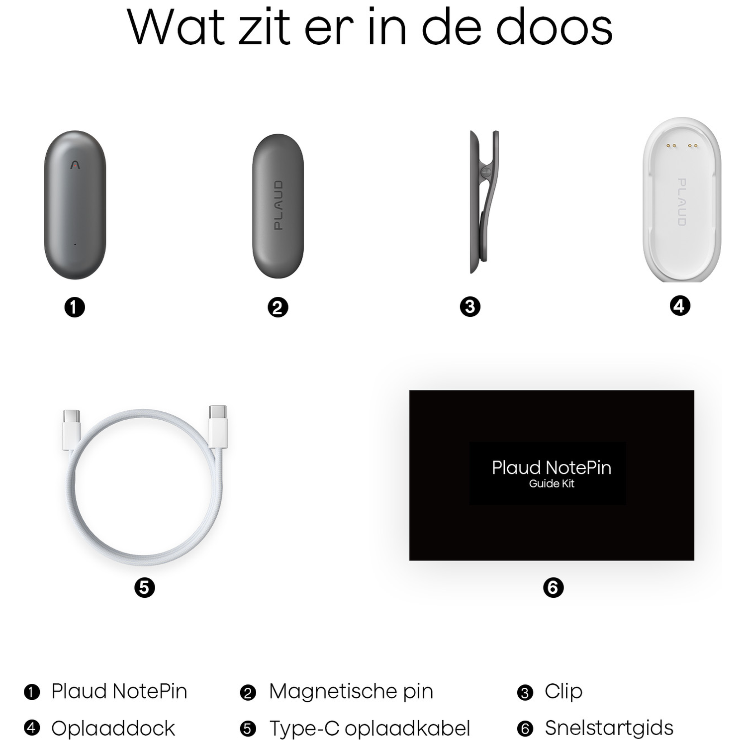 Image shows Plaud NotePin components: pins, clip, dock, cable, and guide kit. Items are gray and white on a white background.