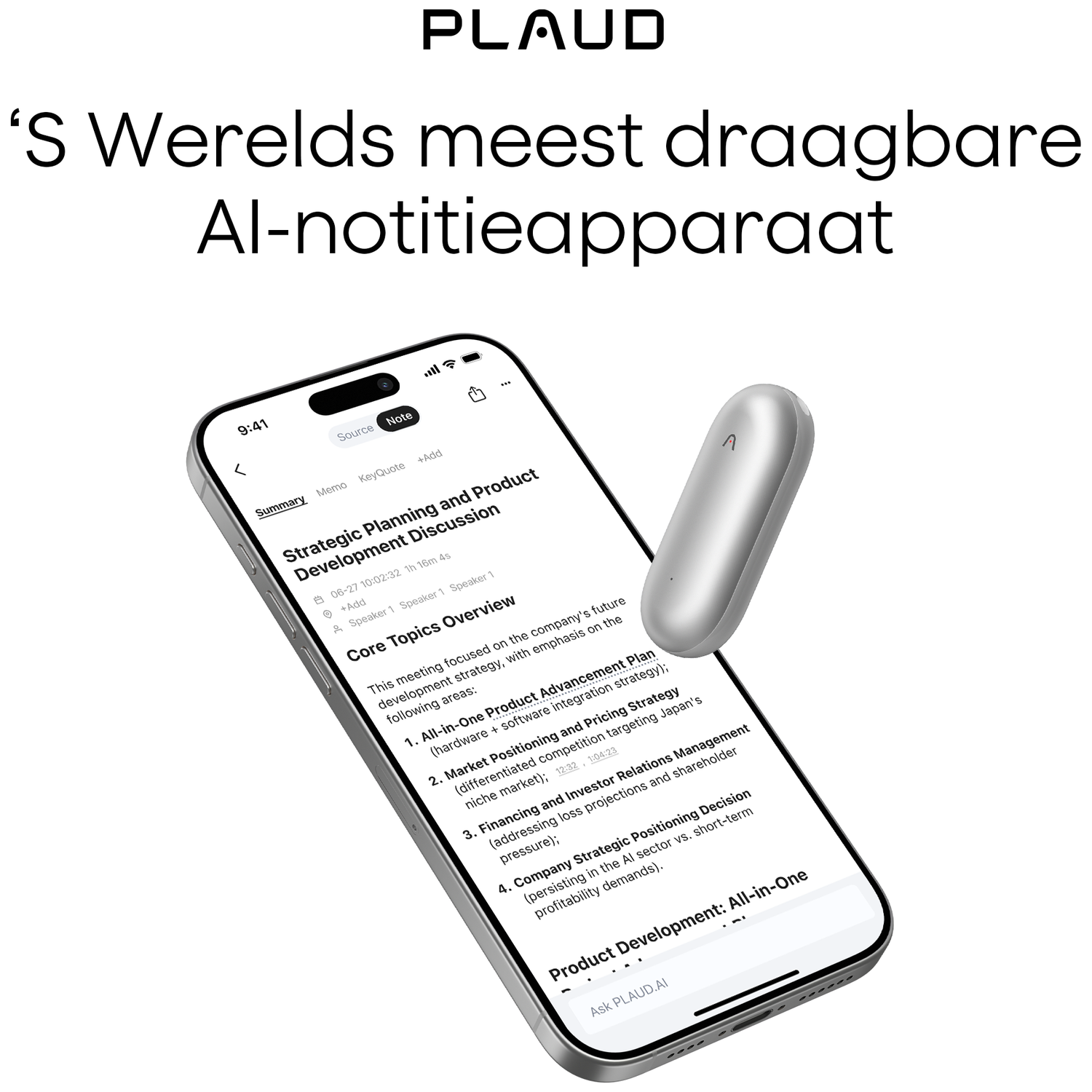 A smartphone displays meeting notes with a silver microphone-shaped device. Text in Dutch. White background.