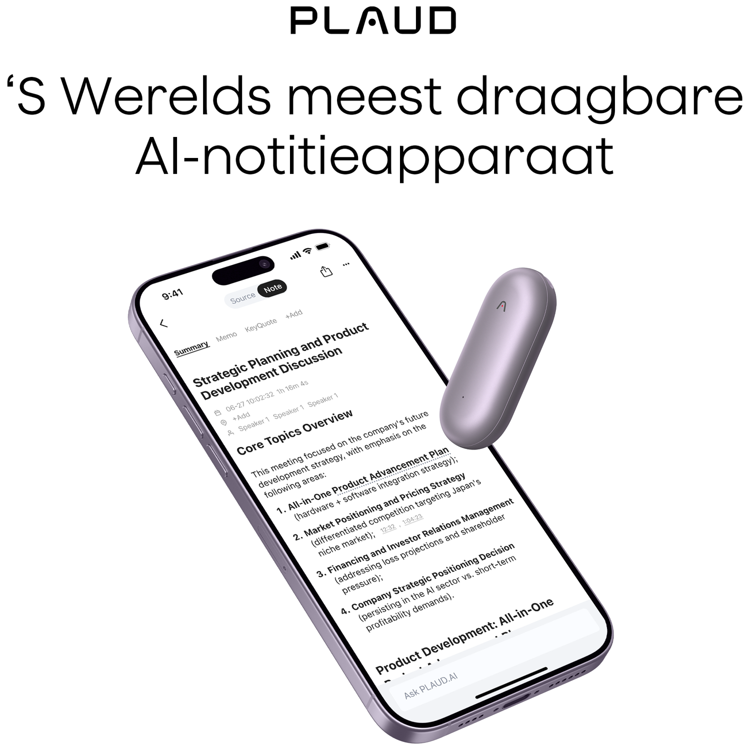 A phone displays notes, with a pen-like device floating above it. Text says, 'World's most wearable AI note-taking device'.
