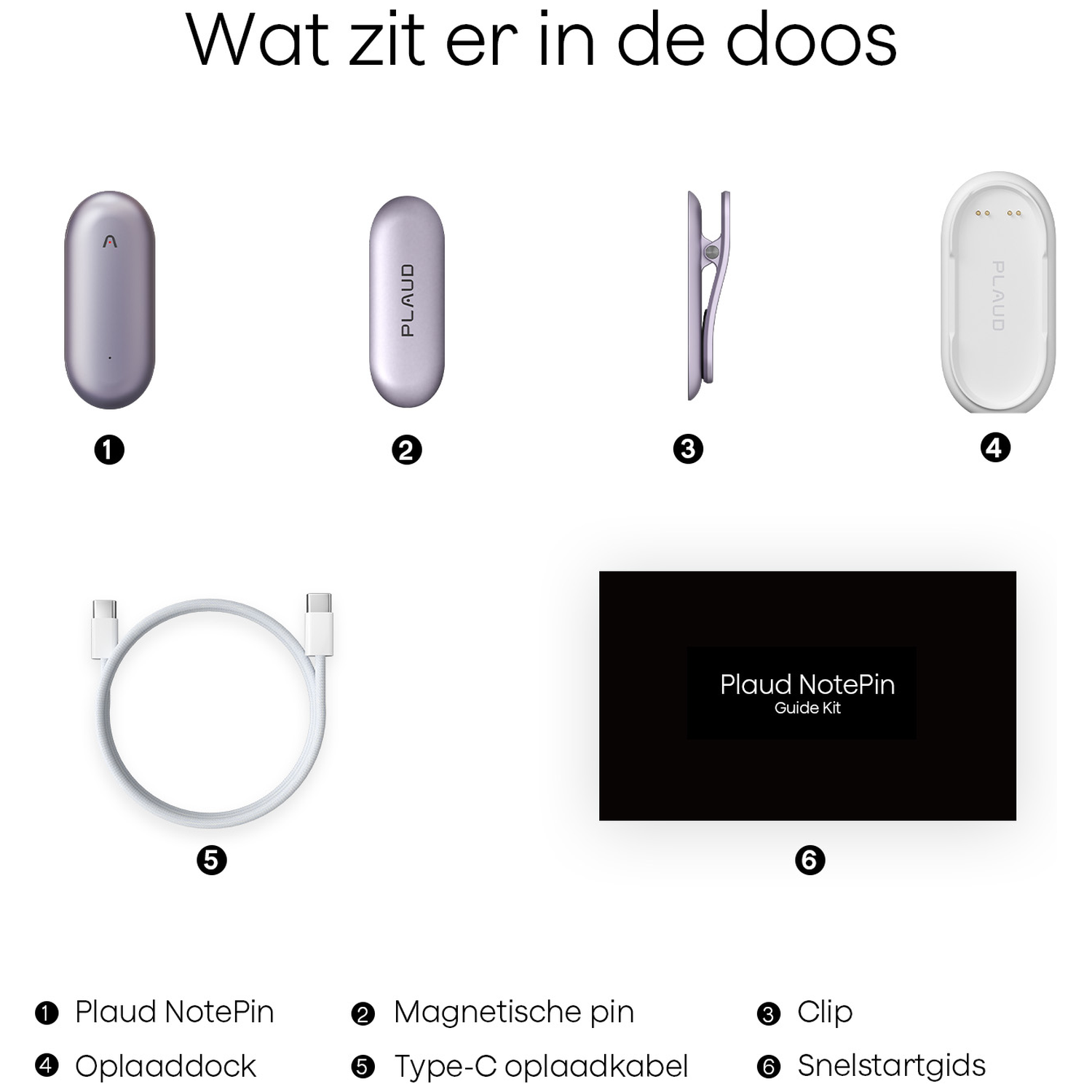 Image shows a Plaud NotePin kit: NotePin, magnetic pin, clip, charging dock, USB-C cable, and a guide, all on a white background.