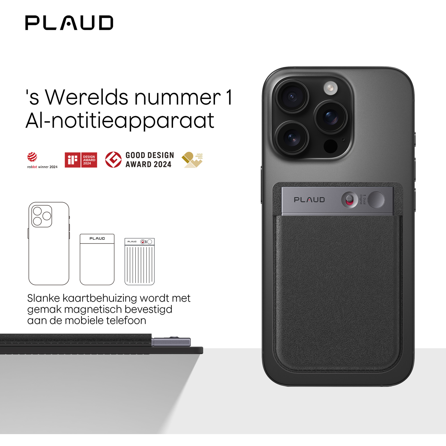 Afbeelding toont een telefoonhoesje met kaarthouder. Tekst vermeldt 'PLAUD' en prijzen. Nederlandse tekst beschrijft magnetische bevestiging.