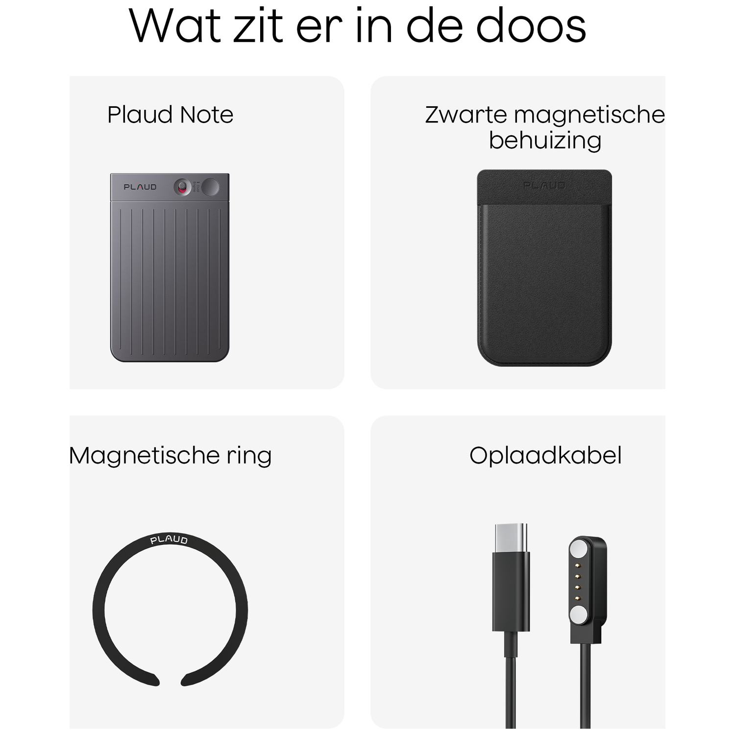 Afbeelding toont een Plaud Note, zwarte magnetische behuizing, magnetische ring en oplaadkabel. Alle items zijn zwart.