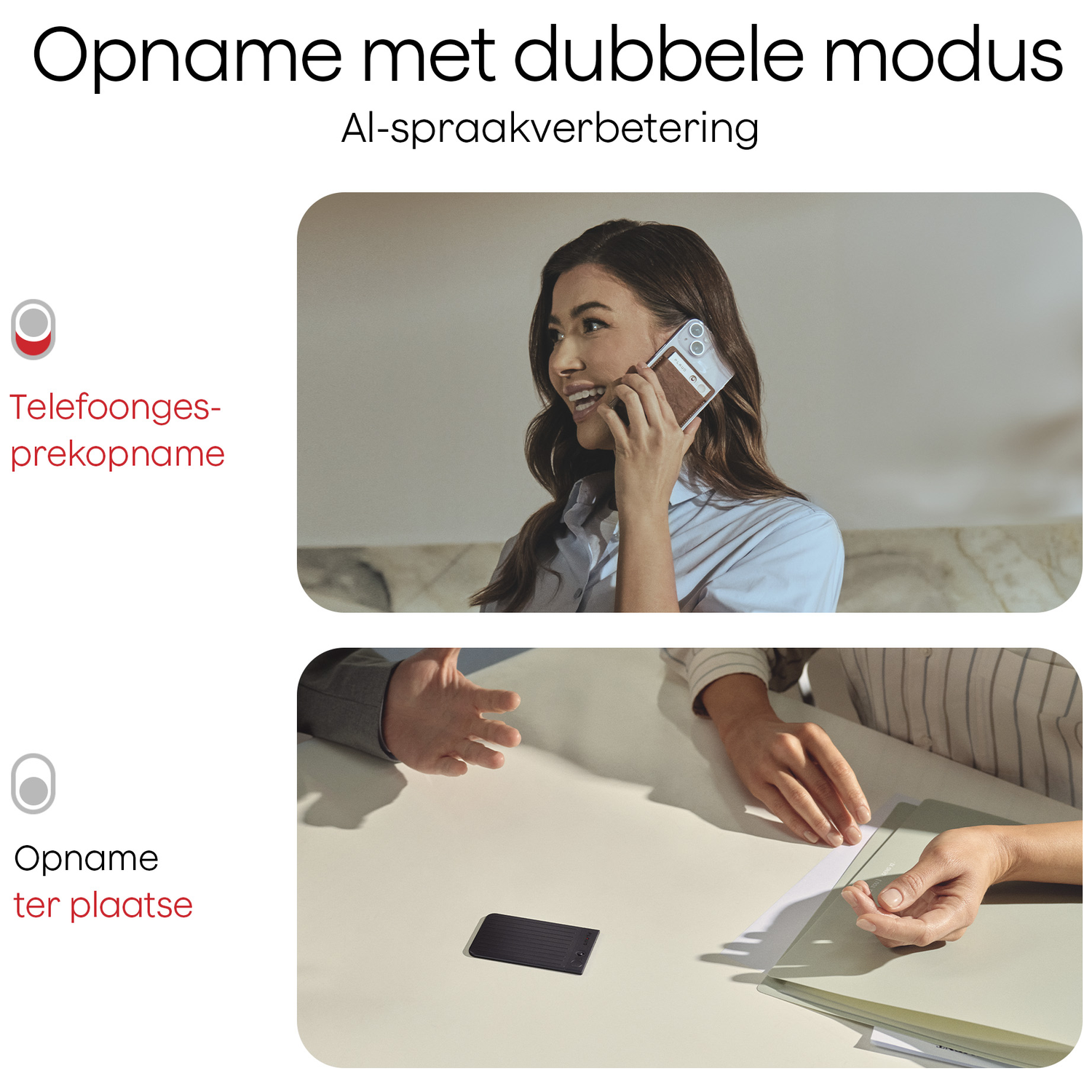 Afbeelding toont een vrouw aan de telefoon en handen aan een tafel met documenten. Tekst in het Nederlands. Een telefoonhoesje is zichtbaar.