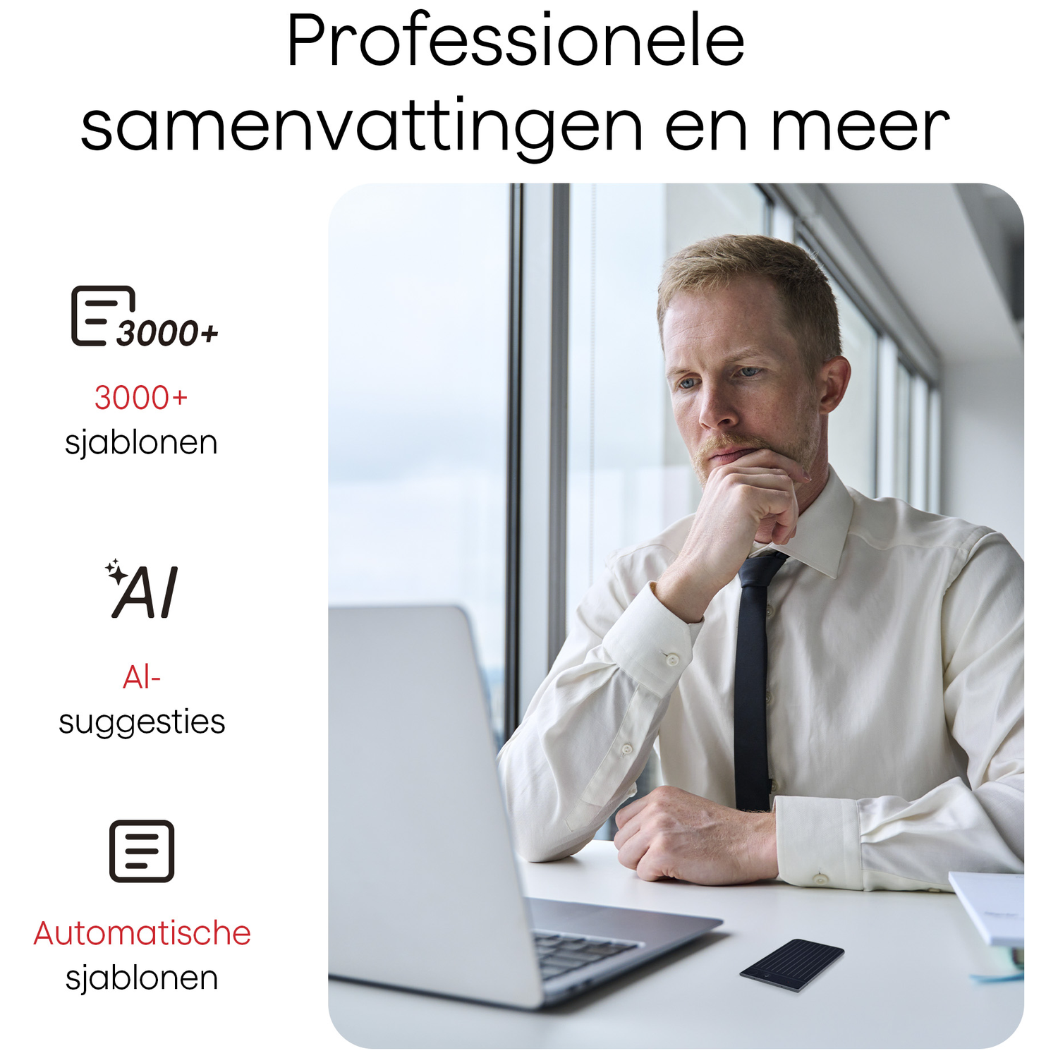 Een man in een wit overhemd en stropdas kijkt naar een laptop. De tekst zegt 'Professionele samenvattingen en meer'.