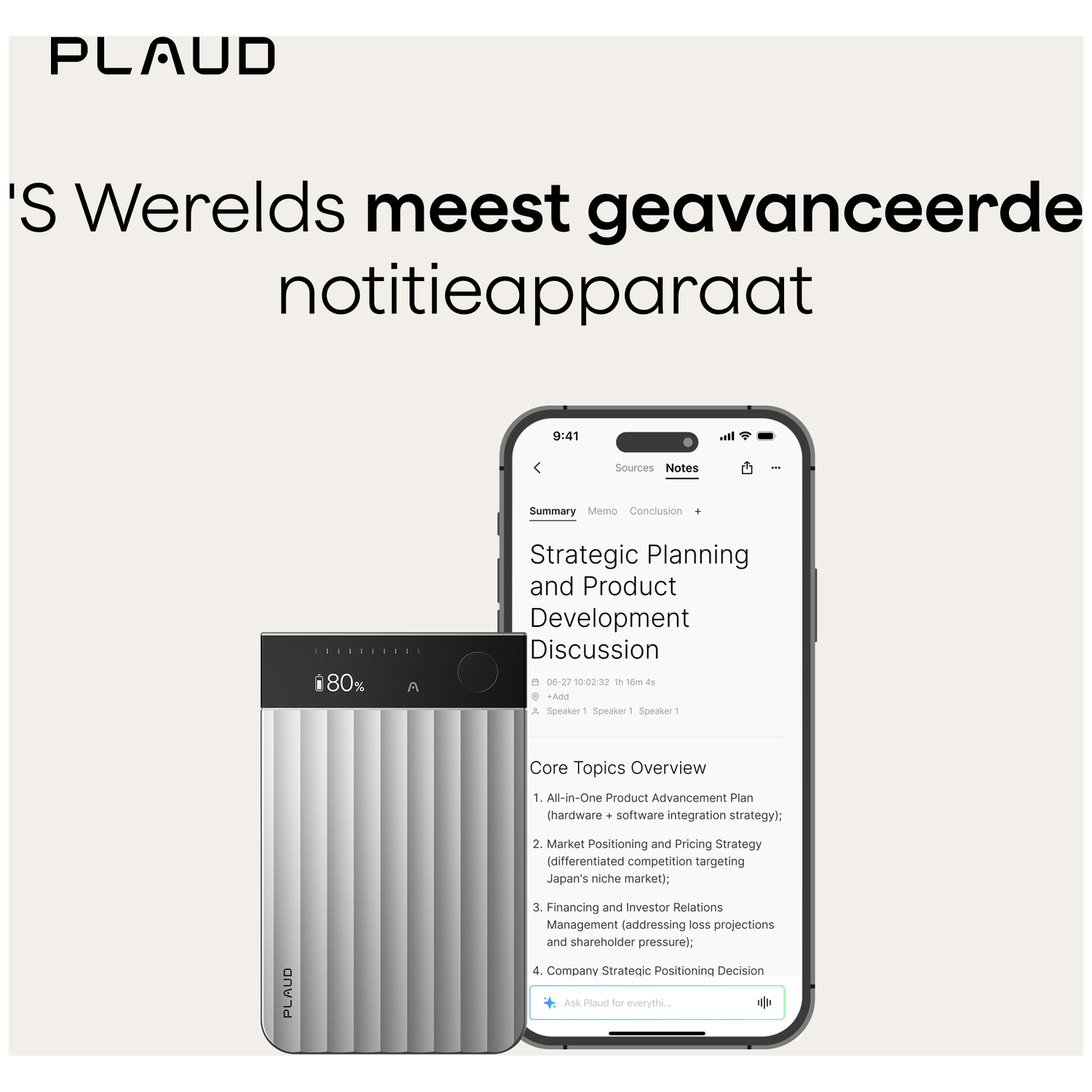 Afbeelding toont een apparaat met een scherm dat notities weergeeft en een powerbank. Nederlandse tekst luidt: 's werelds meest geavanceerde notitieapparaat'.
