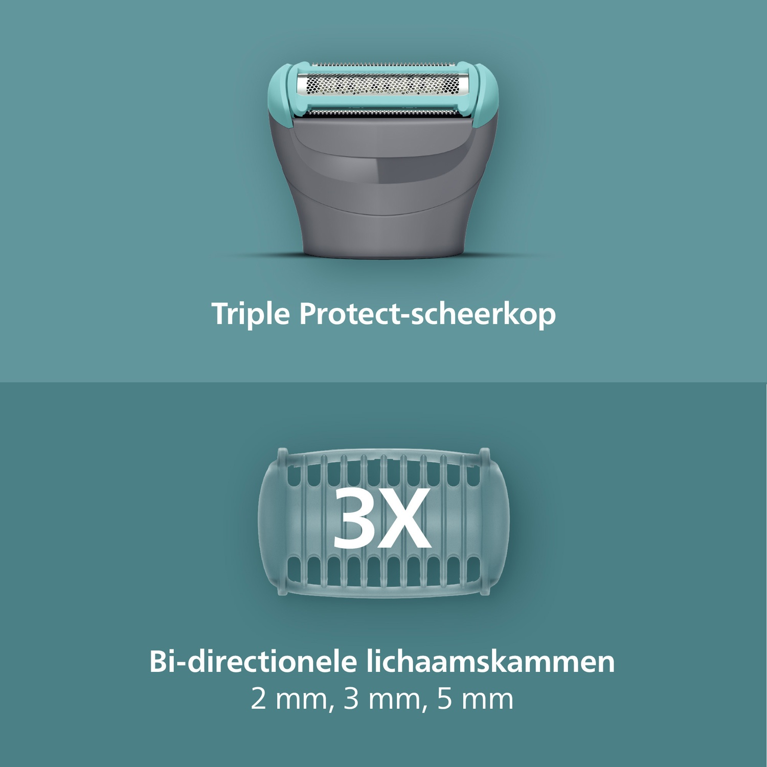 Image shows a shaver head and a trimmer. The shaver head is grey and teal, and the trimmer has '3X' on it.