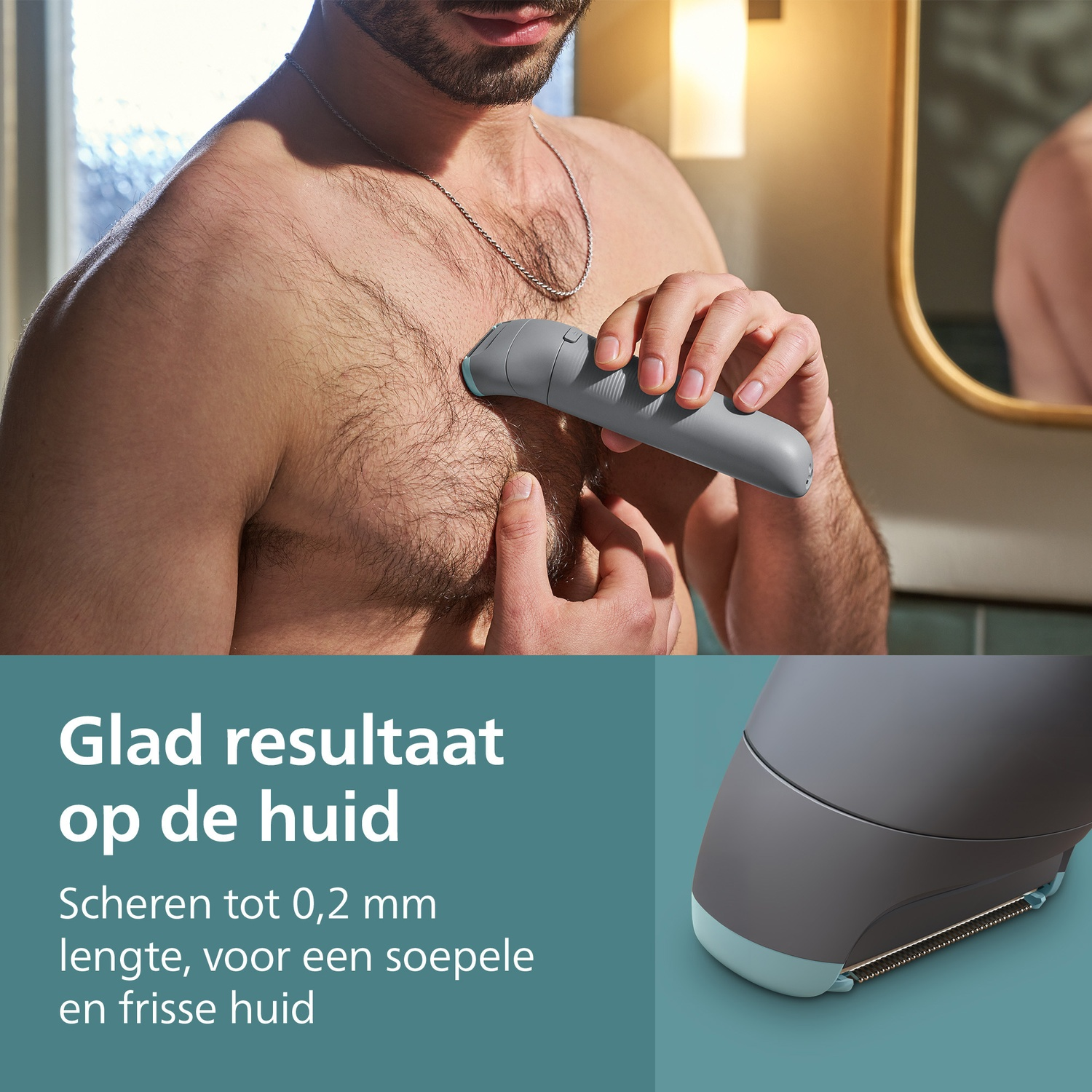 A man shaves his chest with a gray trimmer. He's shirtless, wearing a necklace, in a bathroom with a mirror. Text reads: smooth skin.